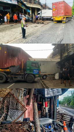 Truk Kontainer Tabrak Truk Box di By Pass Pandaan, Hantam Kanopi Toko Hingga Tiang Listrik Roboh