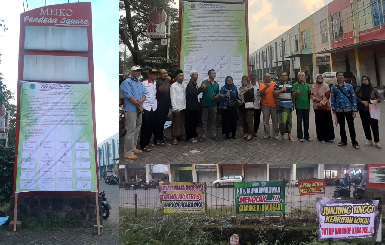 Pemdes Nogosari dan Warga Pasang Banner Penutupan Warkop Karaoke Di Ruko Meiko Pandaan